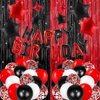 Red and Black Birthday Party Decorations, Red Happy Birthday Decorations for Men Women with Happy Birthday Balloon Banner, Fringe Curtains,Star Balloons Kit for Boys Girls Birthday Party Supplies