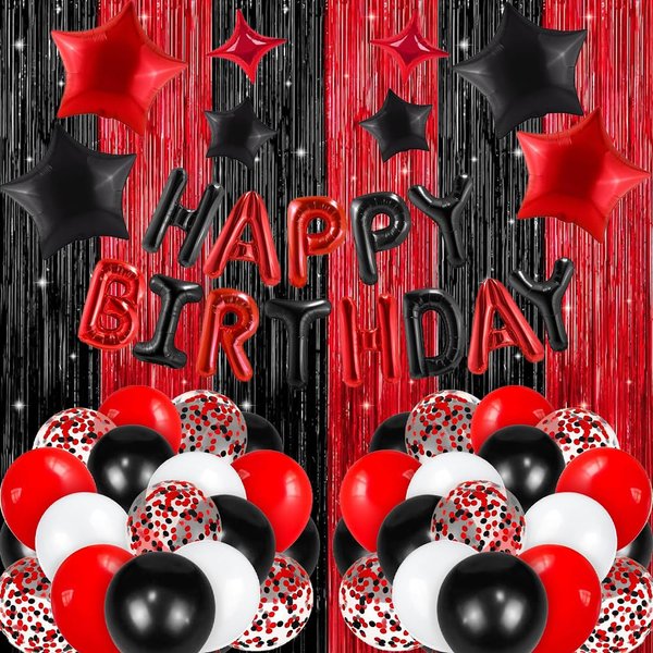 Red and Black Birthday Party Decorations, Red Happy Birthday Decorations for Men Women with Happy Birthday Balloon Banner, Fringe Curtains,Star Balloons Kit for Boys Girls Birthday Party Supplies