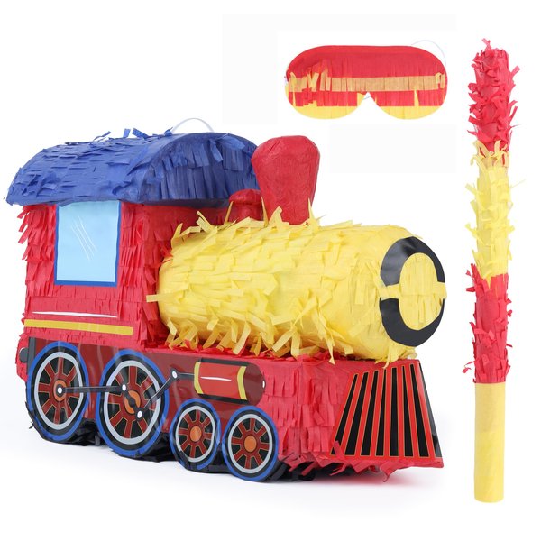 Birchio 3D Train Pinata Bundle with a Blindfold and Bat (16x10.6x6.7 Inches), Train Pinata for Boys Birthday Party Supplies, Perfect for Birthday Party, Train Theme Party, Decoration