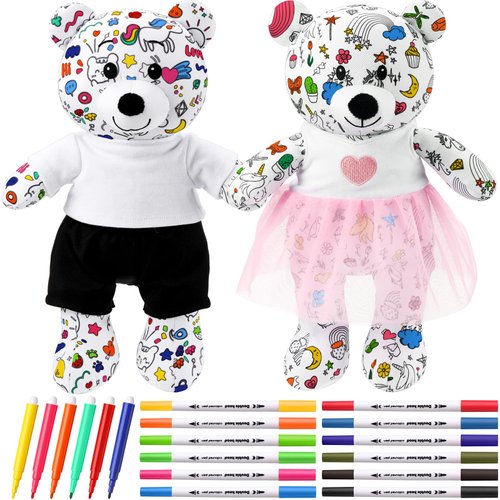 Yeyeplum 2 Pcs 14 Inch Coloring Plush Bears Toy with 12 Washable Markers 6 Mini Markers Reusable DIY Bear Stuffed Animal Doodle Dolls with Shirt, Pant, Dress Sets for Kids Christmas Birthday Gifts