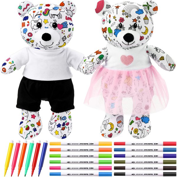 Yeyeplum 2 Pcs 14 Inch Coloring Plush Bears Toy with 12 Washable Markers 6 Mini Markers Reusable DIY Bear Stuffed Animal Doodle Dolls with Shirt, Pant, Dress Sets for Kids Christmas Birthday Gifts