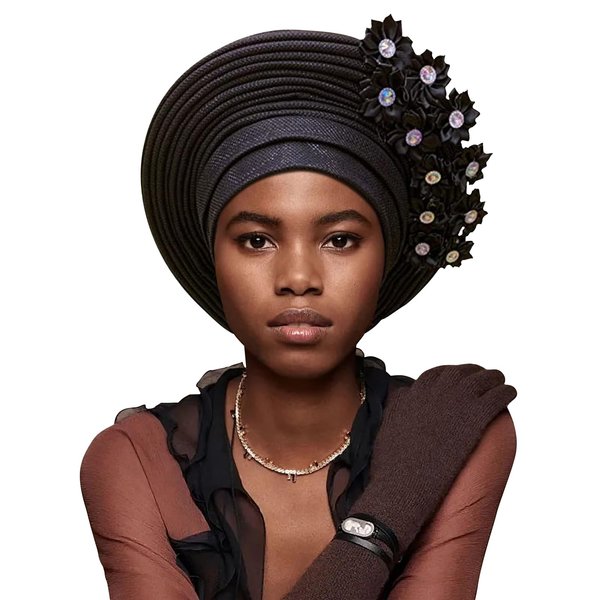 ASO OKE Exquisite African Turbans, Hats, and Nigerian Gele Headties Stylish African Head Wraps and Auto Gele Head Ties (Black, One size)