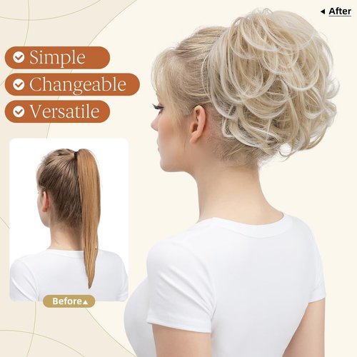 youngways Claw Clip Short Ponytail Messy Bun Hair Piece Bendable Hair Branch Extensions Fluffy Wavy Curly Synthetic Versatile Cream Blonde Hairpieces