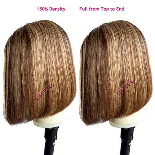 Honey Blonde Highlights Lace Front Human Hair Bob Wigs Pre Plucked Hairline for Women Ombre Hair to Brown with Blonde Highlights Balayage Lace Frontal Wigs 13x1x5 Deep Part Glueless Wigs 150% Density