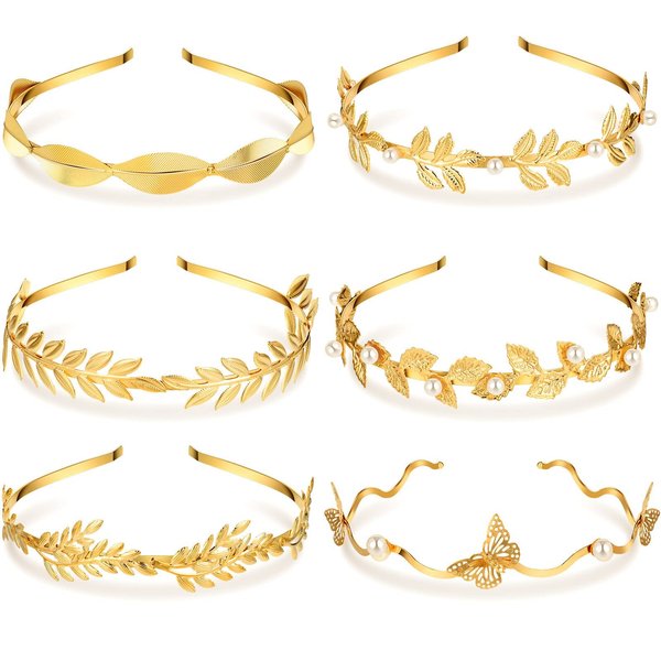 Kacctyen 6 Pcs Gold Leaf Wedding Headbands Set Flower Faux Pearls Headband Golden Bridal Tiara Greek Queen Crown Headpiece Metal Laurel Leaf Hairband for Women Girls Costume Hair Accessories