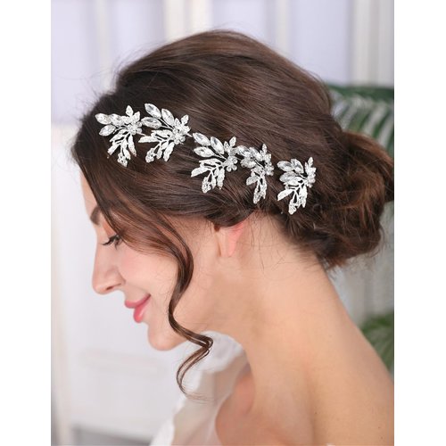 Teyglen 5pcs Flower Rhinestone Wedding Hair Pins Bridal Crystal Hair Pins Clips Silver Leaf Crystal Hair Piece Bridal Hair Jewelry Accessories for Women Girls