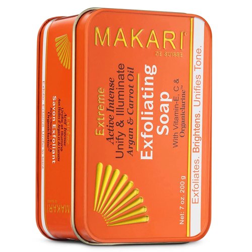 MAKARI Extreme Argan & Carrot Seed Oil Skin Toning 2 Piece Gift Set | Exfoliating Soap & Tone Boosting Body Lotion Ideal for All Skin Types, Botanical Self Skin Care Kit with Free Makeup Bag