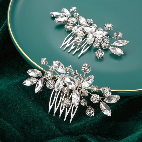 2 Pcs Bridal Wedding Hair Comb Rhinestone Silver Bridal Side Comb Opal Crystal Hair Piece Hair Accessories for Women and Girls
