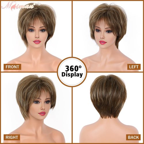 MIMAN Short Hair Wigs with Bangs Brown Mixed Blonde Pixie Cut Wig Short Hair Cuts for Women Natural Looking Synthetic Wigs for Halloween Costumes Daily Party Use