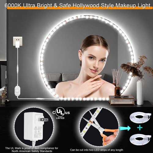 LED Vanity Mirror Lights for Makeup Dressing Table Vanity Set 13ft Flexible LED Light Strip Kit 6000K Daylight White with Dimmer and Power Supply, DIY Mirror, Mirror not Included