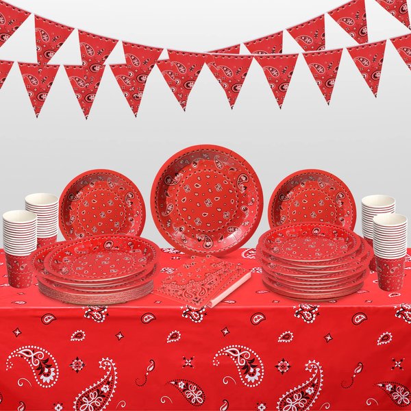 123 Pcs Western Cowboy Party Decoration Include 1 Plastic Paisley Print Tablecloth 2 Bandana Pennant Banner 60 Disposable Paper Plates 30 Cups and 30 Napkins for Western Cowboy Theme Party(Red)