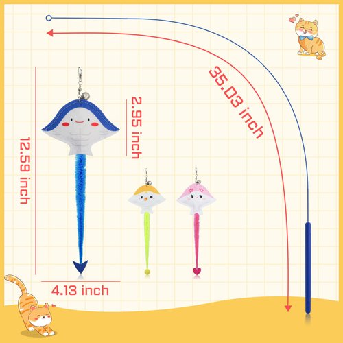 Andiker Cat Wand Toy, 35 in Long Flexible Stick with Cute Fish Shape Bell Wand Refill Cat Fishing Pole Toy Interactive Cat Toy for Indoor Cats Kittens to Pounce Chase Keep Fit (Yellow)