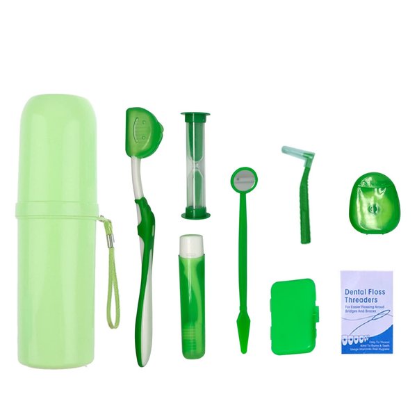 Portable Case Orthodontic Care Kit Orthodontic Toothbrush Kit for Braces for Orthodontic Patient Travel Oral Care Kit Dental Travel Kit Interdental Brush Dental Wax Dental Floss (8 Pcs/Pack)-Green