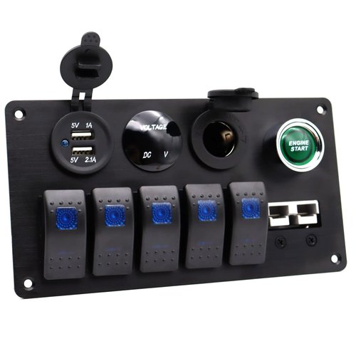 Disscool 5 Gang Switch Panel with Automatic Reset Horn 12V/24V, 5 Position Toggle Switch Engine Start Anderson Dual USB Charger with Digital Display Voltmeter for Car Trailer
