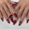 IMSOHOT Wine Red Press on Nails Almond Medium Fake Nails Cute Bow with Rhinestones Acrylic Full Cover Glue on Nails Glossy False Nails Kits for Women Red Gel Natural Nails 24 Pcs