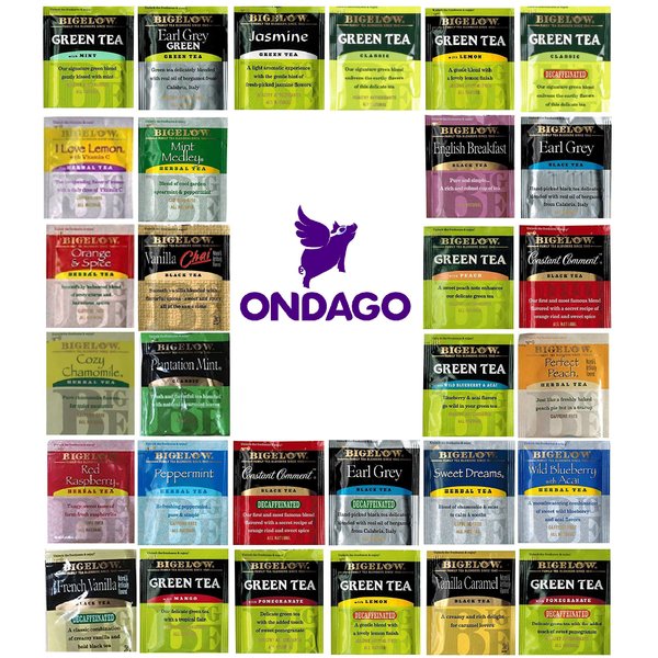 Assorted Sampler Tea Gift Box- 60 Individually Foil Wrapped Bags, 30 Different Flavors : Green Teas, Herbal Teas, Black Teas and More. The Perfect Set Bundled with Ondago Honey Sticks