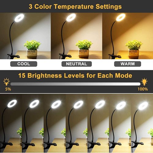 DLLT Dimmable Clip on Light, 48 LED USB Book Reading Light, Color Changeable Night Light Clip on for Desk, Bed Headboard, Makeup Mirror, Dorm Room, Computer, Piano Lighting, 15 Brightness (Black)