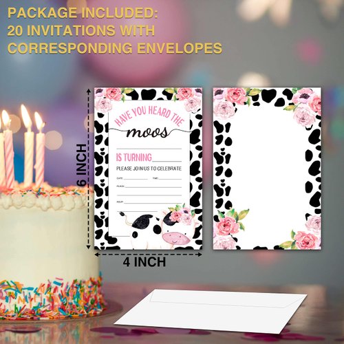 YQV Birthday Invitations, 4"x6" Cow Birthday Party Invitations with Envelopes for Farm Animals Birthday Party Decorations Supplies(20 Pieces)-C16