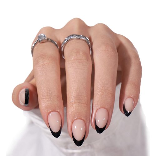 French Tip Press On Nails Almond - BTArtbox Press on Nails Short, Glue On Nails for New Years Gift, Supremely Fit & Natural Reusable Stick On Nails in 16 Sizes - 32 Fake Nails Kit, Black French