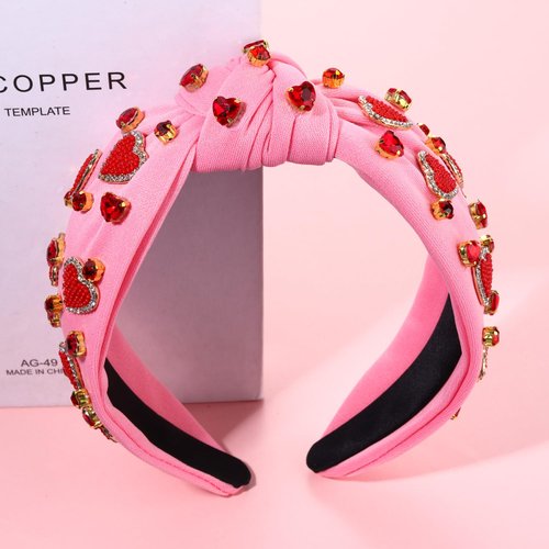 YAHPERN Valentine’s Day Headband for Women Red Pink Heart Knotted Headband Jeweled Rhinestone Crystal Wide Top Knot Hairband Valentine’s Day Hair Accessories Holiday Gifts (Pink)