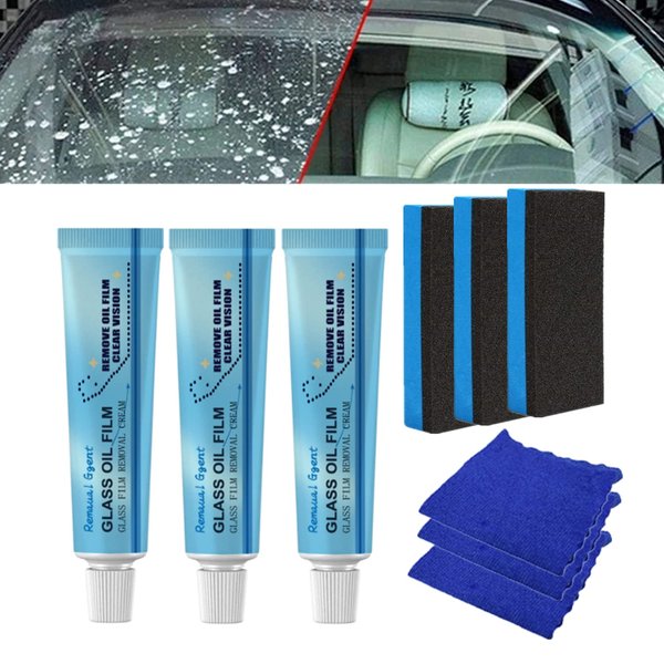 3Pc Car Glass Oil Film Cleaner, Glass Film Removal Cream, Car Windshield Oil Film Cleaner,Glass Oil Film Remover Glass Stripper Water Spot Remover, with Sponge and Towel