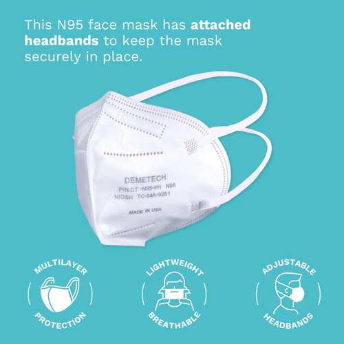 DemeTECH NIOSH N95 Respirator Face Mask, Fold-Style with Headbands, Made in USA, 20 Qty