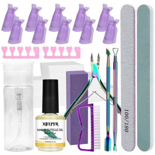 XIFEPFR Gel Nail Polish Remover Tools Kit, 521Pcs Gel Polish Remover Kit with Nail Clips, Nail Wipes, 100ml Pump Bottle, Cuticle Oil, Cuticle Tools, Nail File Buffer Block, Nail Brush, Gifts for Women