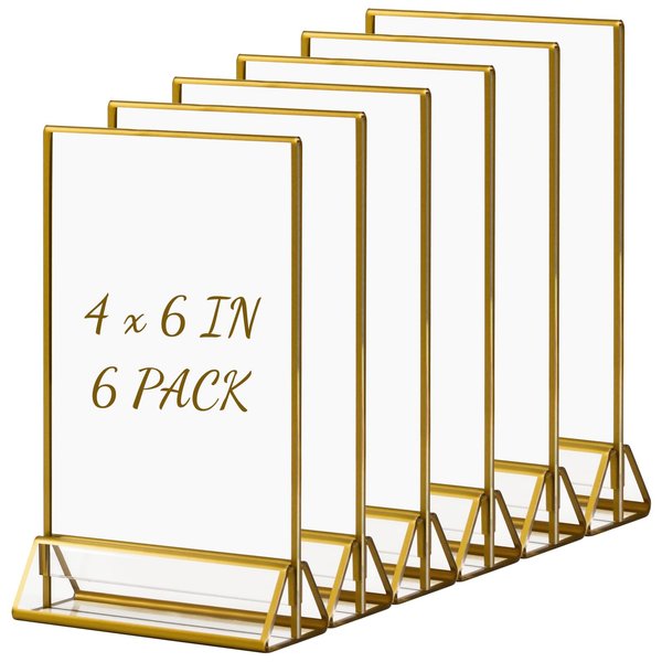 Boxalls 6 Pack Acrylic Sign Holders Gold Border 10x15 cm (4x6 inch), Gold Clear Picture Frames Vertical Stand, Double Sided Menu Holder Display for Wedding Table Number, Restaurant Recipe, Photo