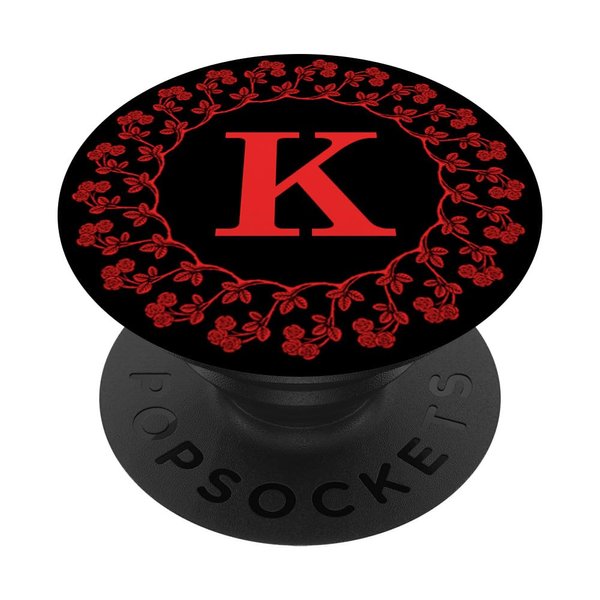 Monogram Initial K Phone Grip,Rose Red Floral Letter K Black PopSockets Adhesive PopGrip
