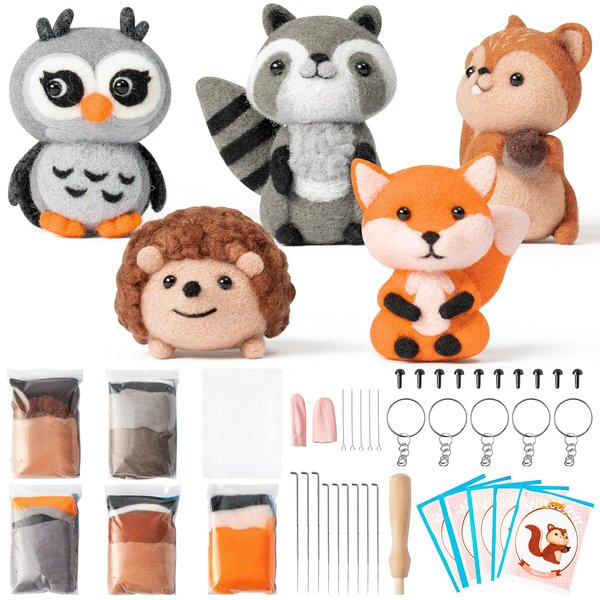 WATINC Set of 5 Woodland Wool Needle Felting Kit, Fox Owl Hedgehog Squirrel Raccoon Animal Doll Wool Felt Needle Felting Tools Foam Pad, DIY Needle Felting Craft Party Supplies for Beginners