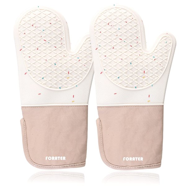 Long Silicone Oven Mitts with Non-Slip Grip, 13.2'' Heat Resistant Flexible Oven Glove Set Hot Mitts with Soft Cotton Lining for Cooking, Baking, and Grilling (Milky White)
