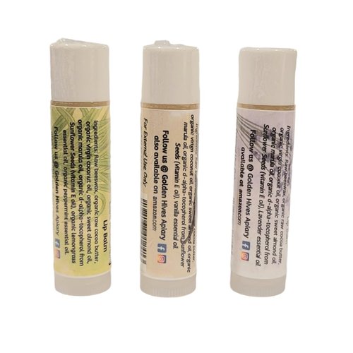 Golden Hives Apiary Extra Moisturizing Lip Balm With Raw Beeswax & Organic Cocoa Butter-Variety Packs (The Classics-Lemongrass+Mint, Vanilla, Lavender)