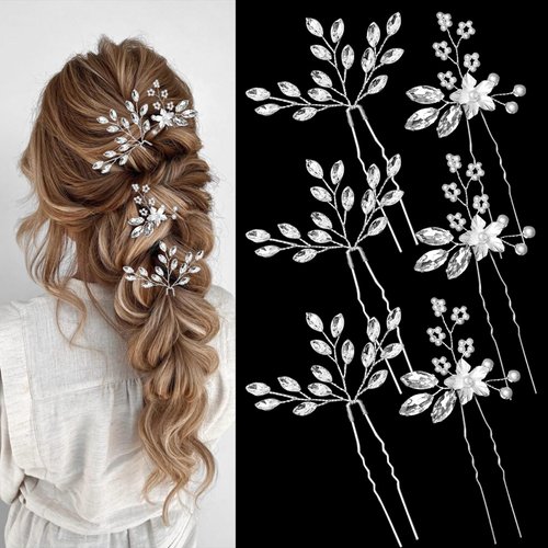 6 Pieces Bride Hair Pins Rhinestones Hair Accessories for Women Bride Hair Accessories for Wedding Crystal Wedding Hair Piece for Bride Women Girls Bridesmaids(Silver)
