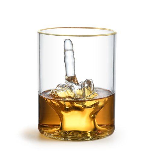 RUGLUSH Middle Finger Funny Whiskey Glass – Premium Up Yours Funny Glass for Whiskey, Liquor – Non-BPA Glass with Luxurious Gold Rim – Home Bar Accessories Ideal for Man Cave, Fun Gag Gift