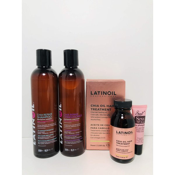 Latinoil Chia Seed Oil Hair Treatment with Omega 3-6-9 Kit) Shampoo 250ml, Conditioner 250 ml, & Oil Treatment 74ml *Free Starry Sexy Lip plumping gloss tube 10ml
