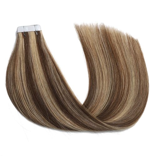 Sindra Tape in Hair Extensions Human Hair Chocolate Brown with Caramel Blonde Hair Extensions Tape in Real Human Hair Tape Ins Extensions 18Inch 20Pieces 50Gram(tape#4p27 18inch)