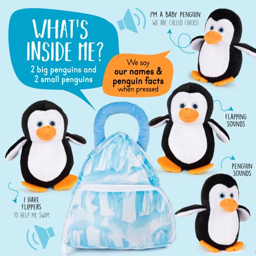 Talking Penguins Plush Toy Set | Includes 4 Talking Soft Plush Penguins with A Plush Glacier Shaped Carrier | Talking Animal Toys | Great Gift for Baby and Toddler Boys or Girls