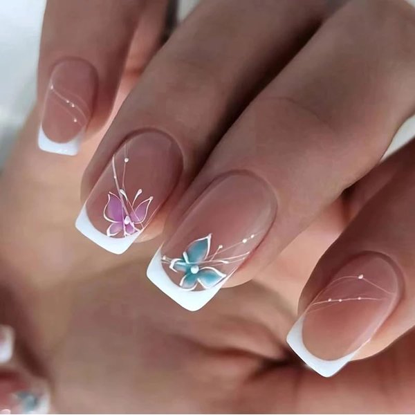 Curvlife Short Press on Nails Acrylic Fake Nails with Design Butterfly Style Full Cover False Nails for Women Reusable Nail Kit with Nail Glue Adhesive Tabs Nail File (butterfly, 24pcs)
