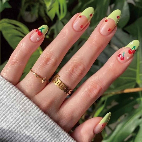 Hkanlre Almond Press on Nails Medium Cherry Fake Nails Acrylic French Green False Nails Glossy Full Cover Nails for Women and Girls 24PCS