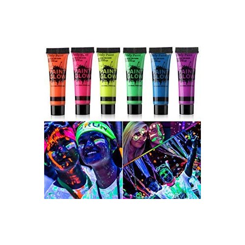 Amareu Glow in Dark Body Paint Body&Face Glow Backlight Neon Fluorescent 0.34oz Set of 6 Tubes