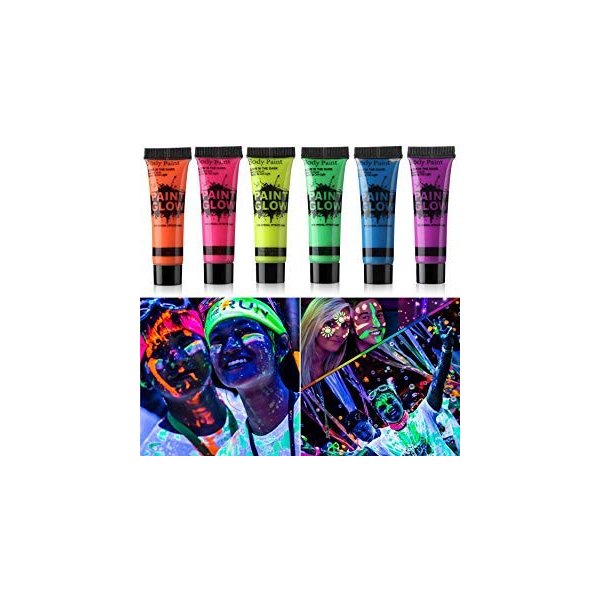 Amareu Glow in Dark Body Paint Body&Face Glow Backlight Neon Fluorescent 0.34oz Set of 6 Tubes