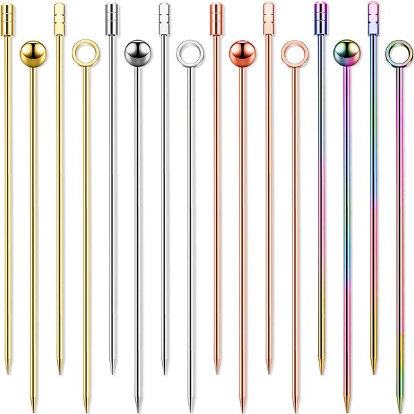 16 Pieces Metal Cocktail Picks for Drinks Martini Picks Cocktail Skewers 4 Inches Reusable Stainless Steel Bloody Mary Garnish Sticks (Silver,Rose Gold,Gold,Colorful)