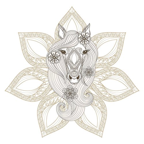 EW Designs Delicate Cream Feminine Horse with Mandala Flowers Vinyl Decal Bumper Sticker (4" Wide)