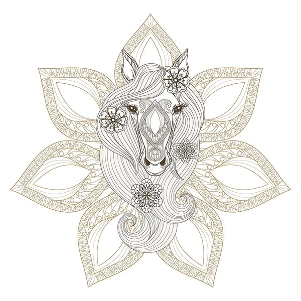 EW Designs Delicate Cream Feminine Horse with Mandala Flowers Vinyl Decal Bumper Sticker (4" Wide)