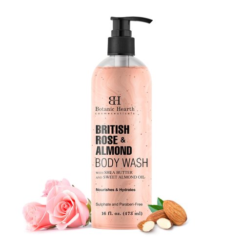 Botanic Hearth British Rose & Almond Body Wash with Shea Butter | Moisturizing Body Wash Shower Gel for Softer, Smoother Skin | Sulfate & Paraben Free | 16 fl oz