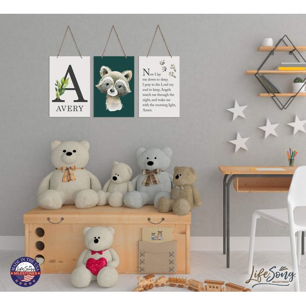 Lifesong Milestones Nighttime Prayer Personalized 3 Piece Monogram Nursery Wall Hanging Sign Set for Girls and Boys Gift Set Collection for Baby, Kids, Bedroom Decor 8 x 12 Made in USA (Raccoon)