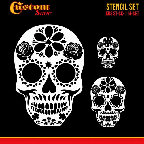 Custom Shop Airbrush Sugar Skull Day of The Dead Stencil Set (Skull Design #14 in 3 Scale Sizes) - Laser Cut Reusable Templates