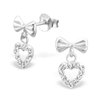925 Sterling Silver Bow w/Dangling Crystal Heart Stud Earrings 25106 (Nickel Free)