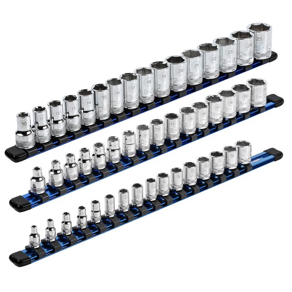 ARES 60041-3-Piece 17-Inch Blue Aluminum Socket Rail Set - 1/4-Inch, 3/8-Inch, and 1/2-Inch Drive Socket Organizers Hold 48 Sockets