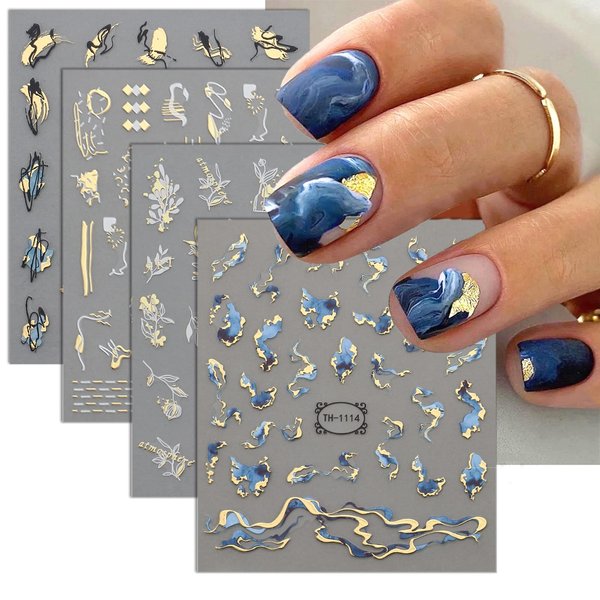 6 Sheets Graffiti Nail Art Stickers White Gold Stripe Line Nail Decals 3D Self-Adhesive Marble Stripe Lines Wavy Letter Design Nail Art Supplies for Nail Abstract Gold Flower Leaf Nail DIY Decoration